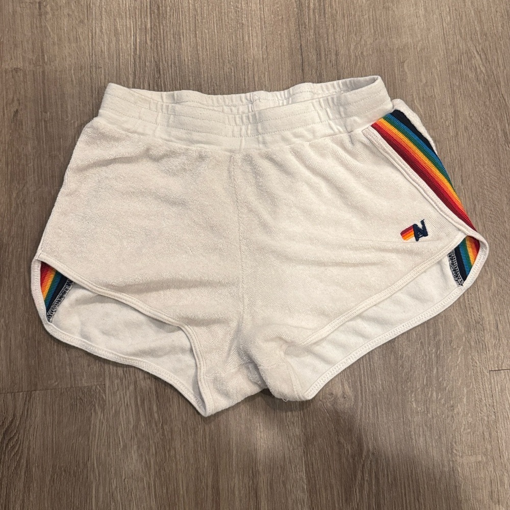 Aviator Nation White/Rainbow Stripe Girls  Terry Cloth Shorts (Size 14)